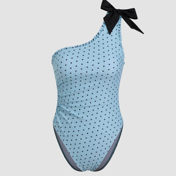 [NWT]  Asymmetrical Neck Polka Dot Bowknot One Piece Swimsuit  SIZE S - Picture 1 of 14